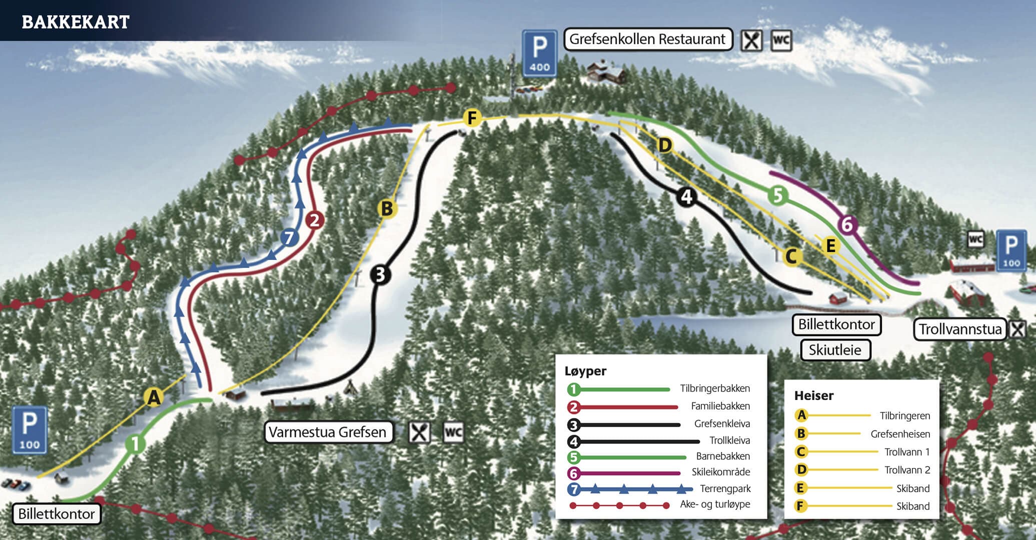 Oslo Skisenter løypekart - Oversikt over alpint skiløyper og snowboardområder på Grefsenkollen